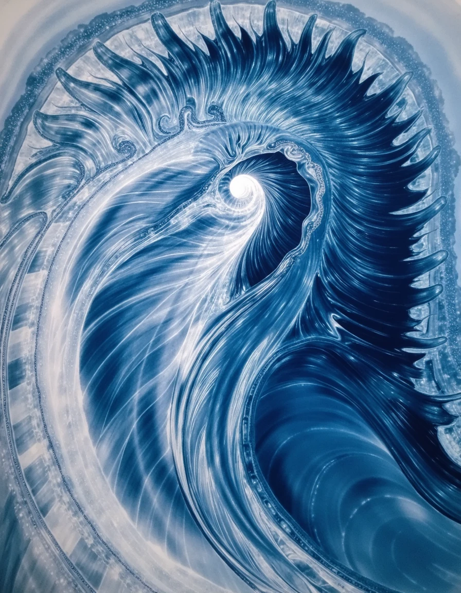 rven, flowing white and blue shape of a being melded with liquid light, the background is the color of a seashell with curved spiked crystalline pattern