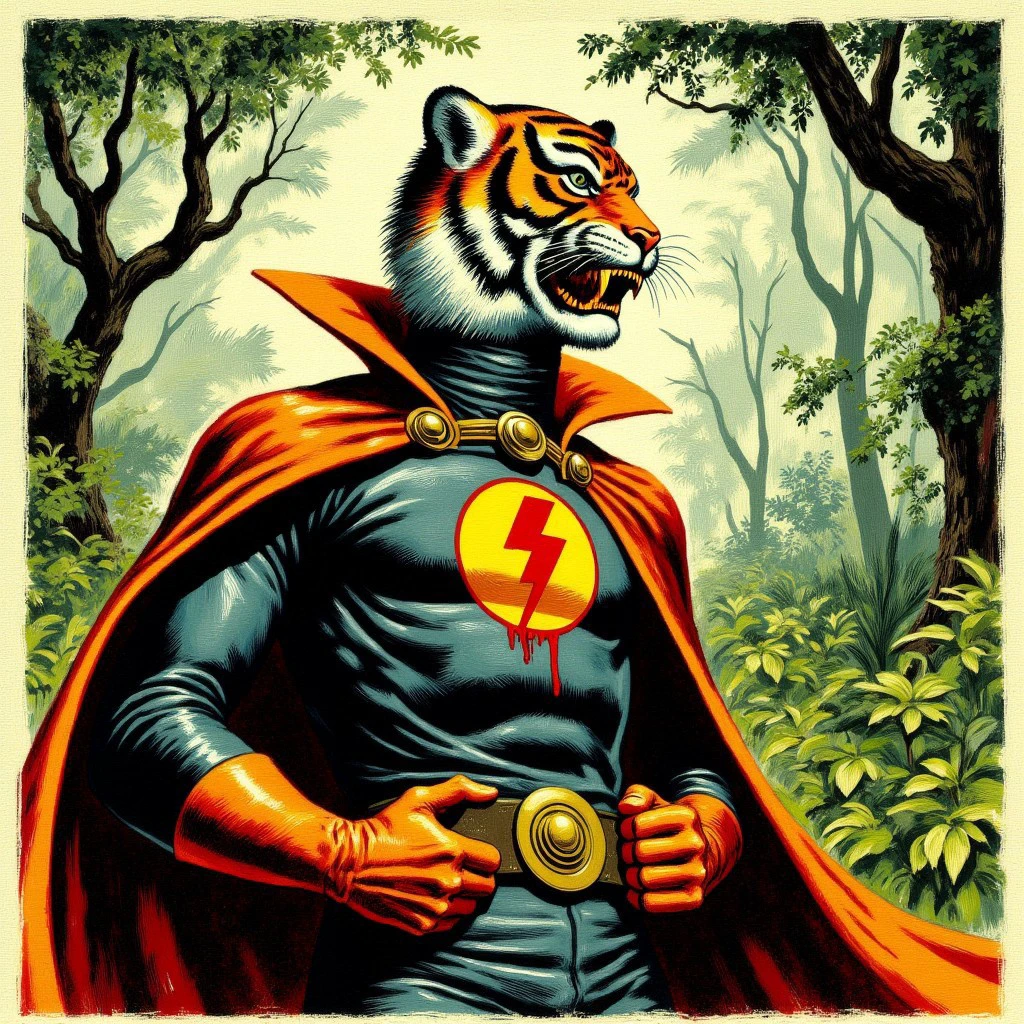 a super hero in a tiger mask  with high black collar and long cape with bloody fang emblem in the jungle in theclassic comic book in the style of jack kirby