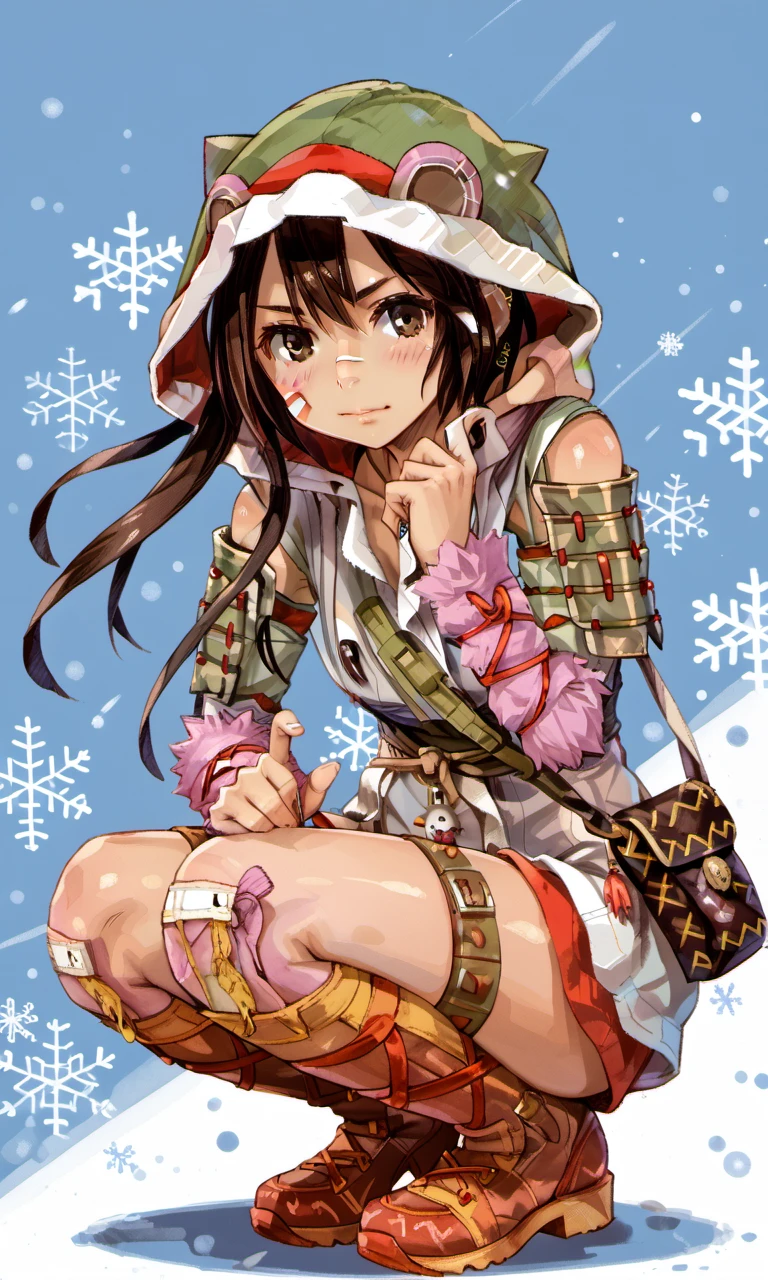 squatting, aeterna, 1girl, brown eyes, brown hair, short hair, face plaster, animal hood, hooded jacket, detached sleeves, shoulder armor, keychain, thighhighs, thigh belts, shoes, shoulder bag, dagger, 