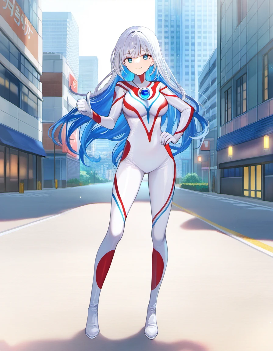 1girl, solo, masterpiece, best quality, very aesthetic, novel illustration, cityscape, street, detailed building, detailed background, full body,
ultragirl, white bodysuit with blue and red intricate patterns, blue gem on chest, standing, hand on own hip, thumbs up, smile,
<lora:Ultragirl-ILXL-2:0.7>