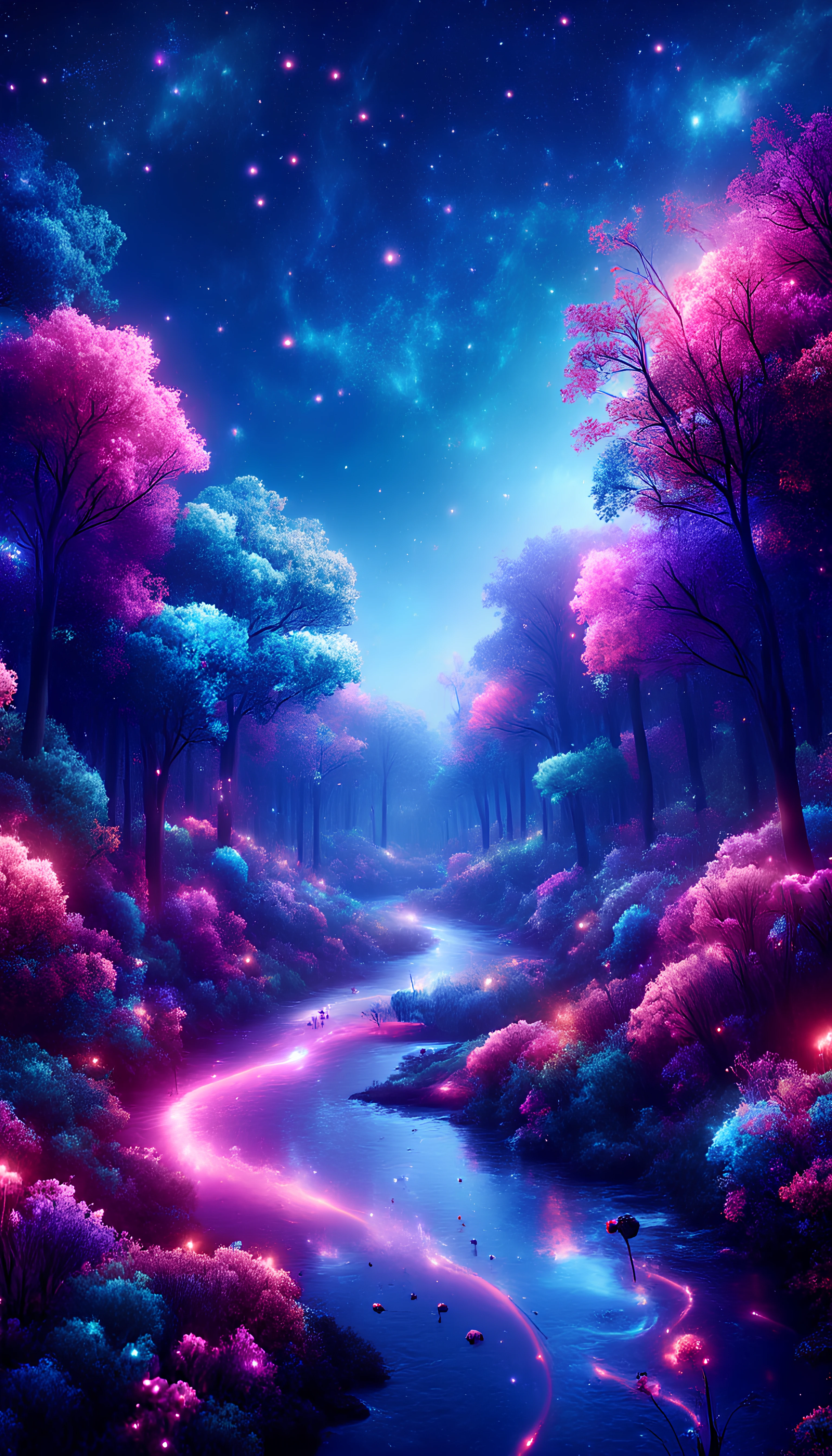 A mystical forest under a swirling cosmic sky, with neon-colored trees and a glowing, winding river cutting through the scene. The stars in the sky form hypnotic patterns, while bioluminescent flowers and mushrooms emit soft, radiant lights in pinks, purples, and blues. Fireflies float around, leaving trails of colorful light. psydreamer