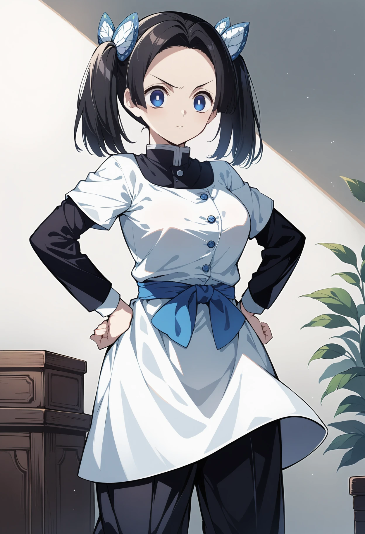 (masterpiece, best quality, very aesthetic, ultra detailed), intricate details, 4k, aaaoi, short twintails, black hair, hair ornament, parted bangs, blue eyes, rectangular pupils, breasts, black jacket, white dress, short sleeves, short over long sleeves, buttons, blue bow, sash, pants under dress, black pants, <lora:kanzaki_aoi_animagine_v1:0.9>, standing, cowboy shot, hands on own hips,