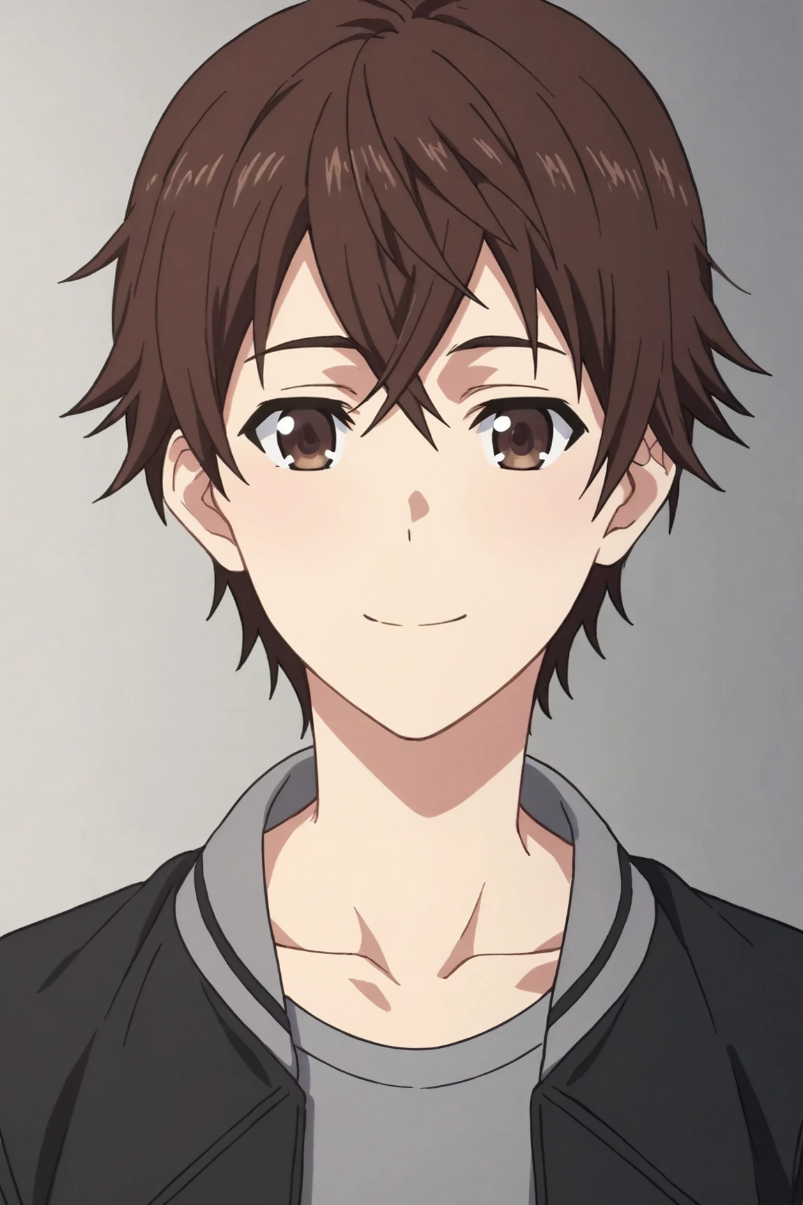 score_9, score_8_up, score_7_up,score_6_up,score_5_up,score_4_up,source_anime,BREAK, rating_safe, intricate details, , anime screencap, anime coloring, official style, depth of field,1boy, solo, male focus,<lora:Atsuhiro_Maeda:0.90>,atsuhiro maeda,brown hair,brown eyes,hair between eyes,short hair,bangs,looking at viewer, smile, shirt, closed mouth,black jacket,grey shirt,collarbone, portrait,upper body,closed face,indoors, , , , <lora:sdxl_lightning_8step_lora_315544:1>