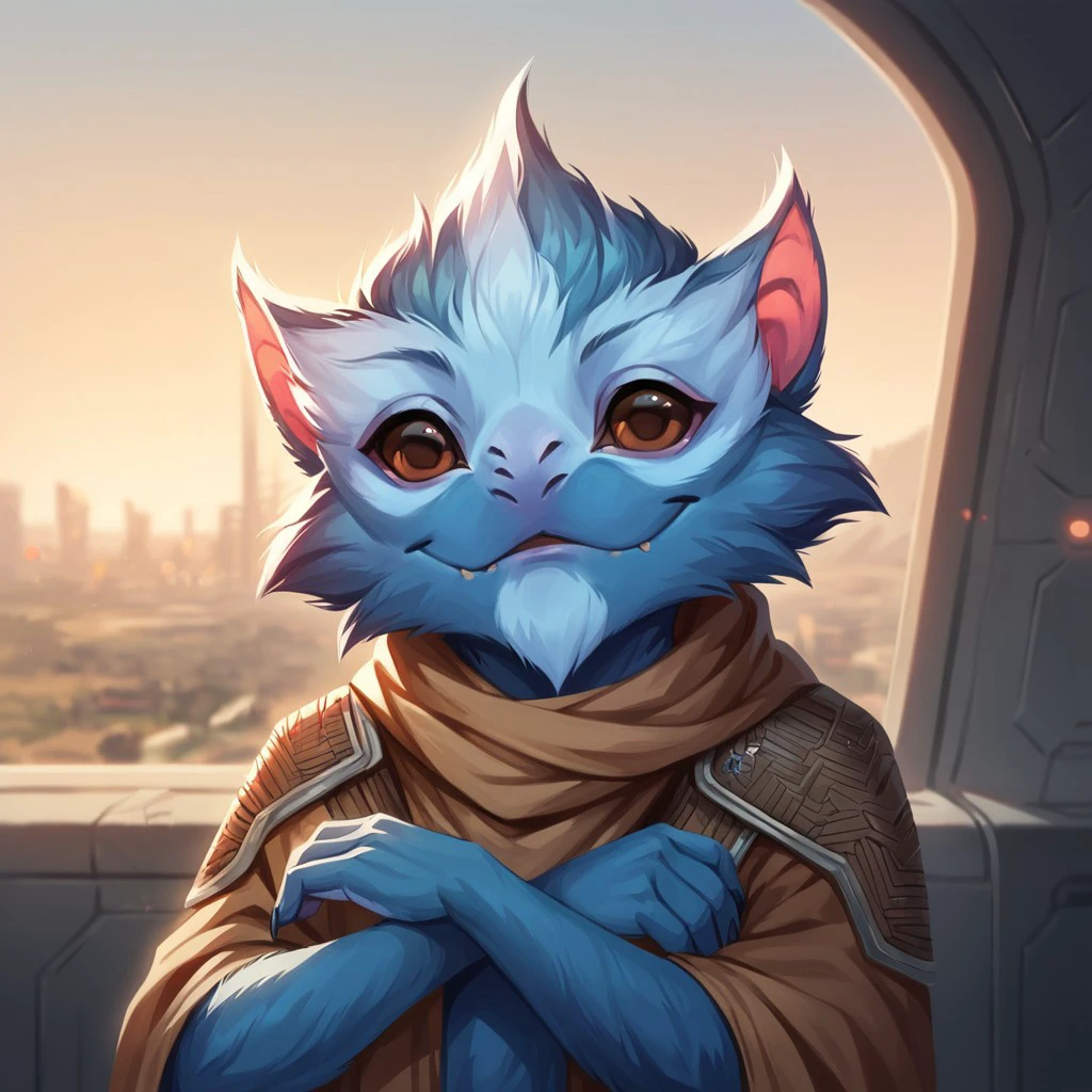 (((detailed, beautiful, high quality))), score_9, score_8_up, score_7_up, upper body, 
skittermander, 6 arms, furry, big eyes, short stature,
1 male, blue fur, brown eyes, brown scarf,
looking at the viewer, posing, 
spaceship scenery, sci-fi background, blurred background, fantasy background,