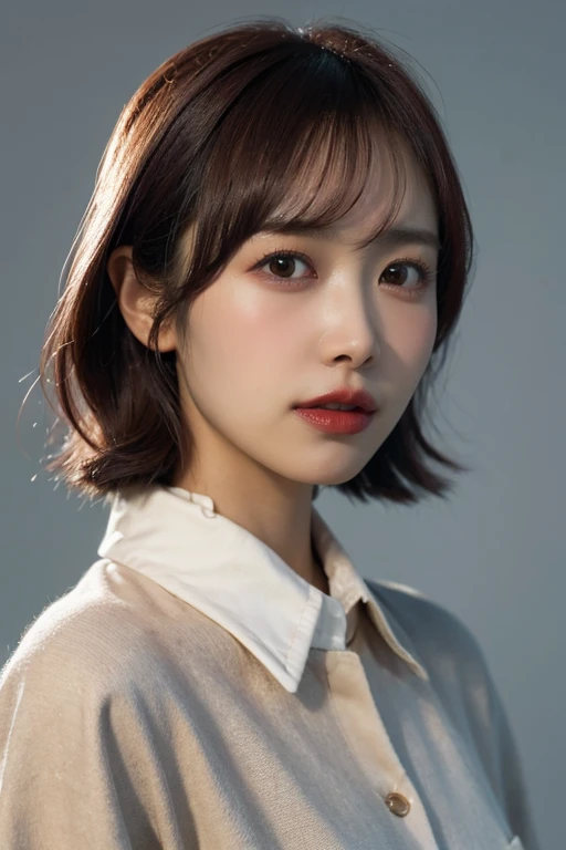 masterpiece, best quality, ultra-detailed, ultra high res, (photorealistic:1.4), raw photo, (realistic:0.2), 8k HDR, realistic cool temperature lighting, 1girl, (asian:0.2), solo, asymmetrical hair, indoor, (simple gray background:1.2), bokeh, (detailed lips), (detailed pores), (detailed skin textures), (detailed face:1.2), (upper body:1.2), a woman in a white collared shirt, promotional image, a character portrait,