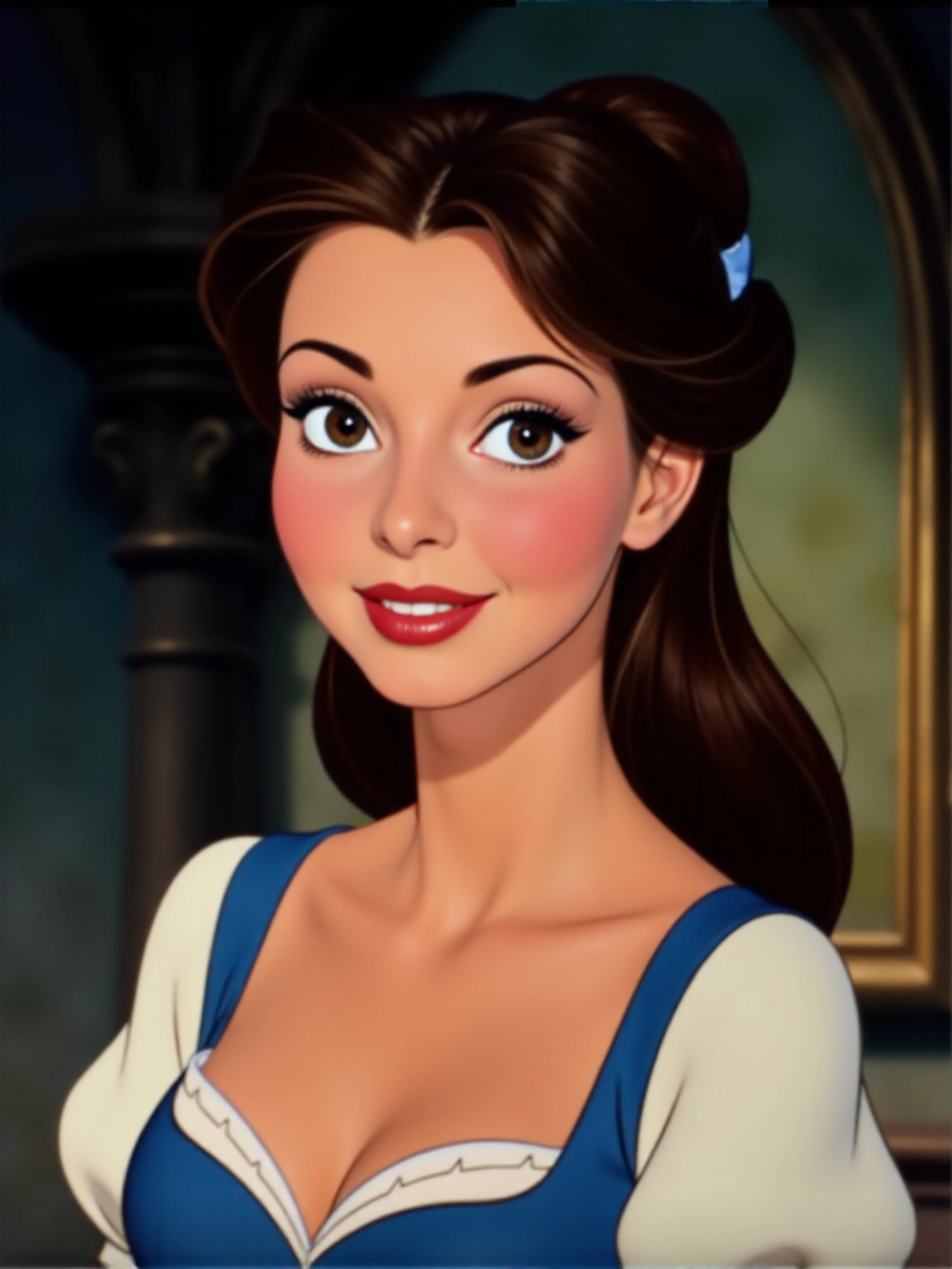 woman, headshot, looking directly at viewer, face centered, close-up, upper body, modest clothing, modest apparel, modesty. Animation, fairy tales, musical numbers, expressive characters, bright colors, detailed, professional.