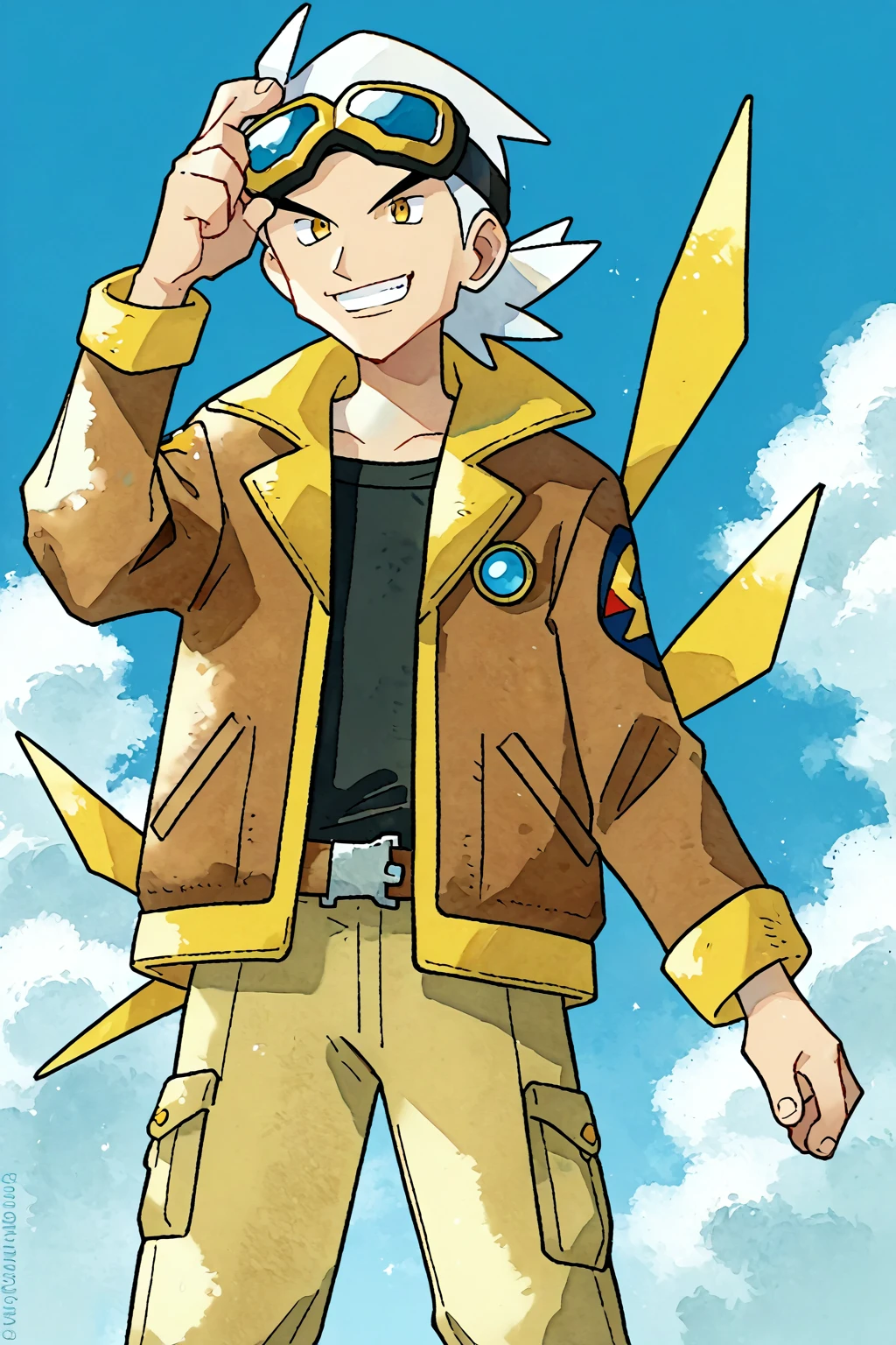 (score_9, score_8_up:1.1), score_7_up, high res image,masterpiece, ken sugimori, watercolor (medium), professorfriede, 1boy, solo, white hair, goggles, yellow eyes, brown jacket, short jacket, yellow accents, black shirt, belt, beige pants, smile, cloud, sky, in the air