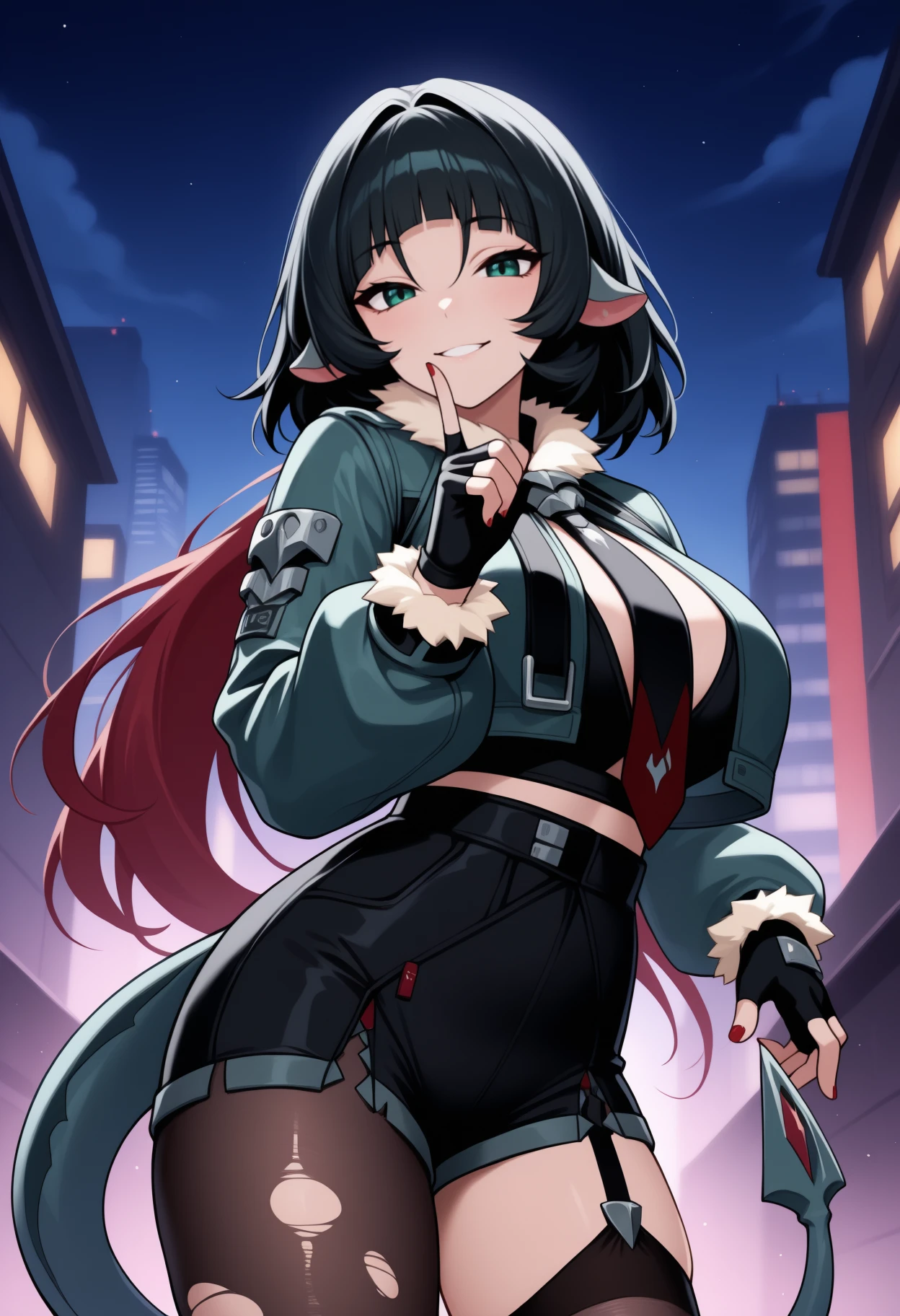 masterpiece, best quality, <break> cowboy shot, solo, 1girl, j4ne d0e, tail, smile, looking at viewer, standing, finger to mouth, index finger raised, two-tone hair, black hair, red hair, blunt bangs, animal ears, green eyes, torn clothes, fur trim, green jacket, fur-trimmed jacket, cropped jacket, necktie, long sleeves, fur-trimmed sleeves, black gloves, fingerless gloves, black shorts, short shorts, black pantyhose, single leg pantyhose, torn pantyhose, black thighhighs, single thighhigh, torn thighhighs, garter straps, red nails, large breasts, night, sky, outdoors, city
<segment:yolo-face_yolov8m.pt,0.4,0.5//cid=1>