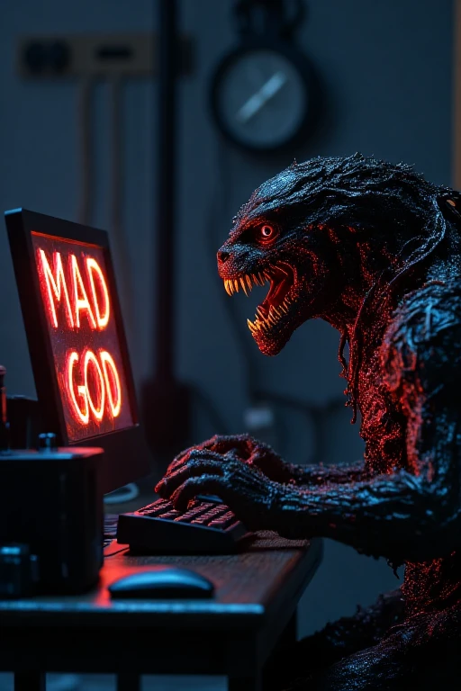 (masterpiece, best quality), extreme detail, highly intricate design, mad god, stop motion, a hyper detailed cinematic shot of a monster playing video games on a computer, the computer screen has glowing english text that reads "MAD GOD", overexcited, intricate details, high quality, 8k, perfect monster anatomy