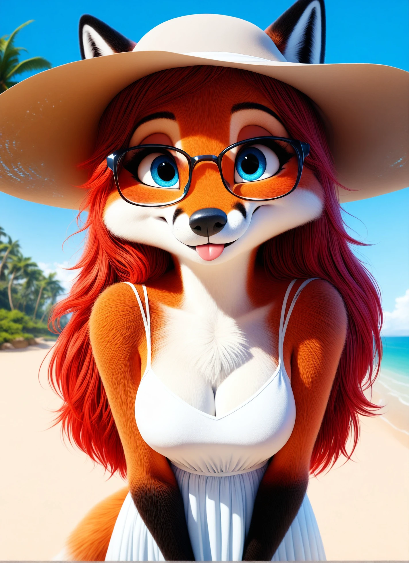 <lora:b3d-noob-vpred05:1.25>3d, best quality, high quality, detailed fur, anthro, female, red fox, red hair, long hair, tongue, blep, sunhat, solo, smile, white dress, beach, palm trees, blue eyes, glasses