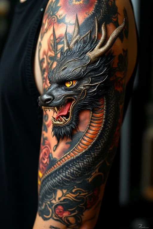 (masterpiece, best quality), extreme detail, highly intricate design, mad god, stop motion, a hyper detailed cinematic shot of a chinese dragon tattoo that is so intricately detailed and vibrant that it almost feels alive, as if it’s breaking the barrier of skin and lunging toward you. What was once a flat image on the person's arm now appears three-dimensional, its lines and colors swirling with such depth that they seem to project forward into the space between you and the wearer. The design pulses with energy—whether it’s a mythical creature, a geometric pattern, or a surreal scene—the tattoo seems to breathe and shift, creating the illusion of motion as if it’s rushing to meet you. The shadows and highlights are so expertly placed that they enhance this sense of movement, giving the artwork an almost cinematic quality, as though it's coming straight out of the skin, eager to make contact.