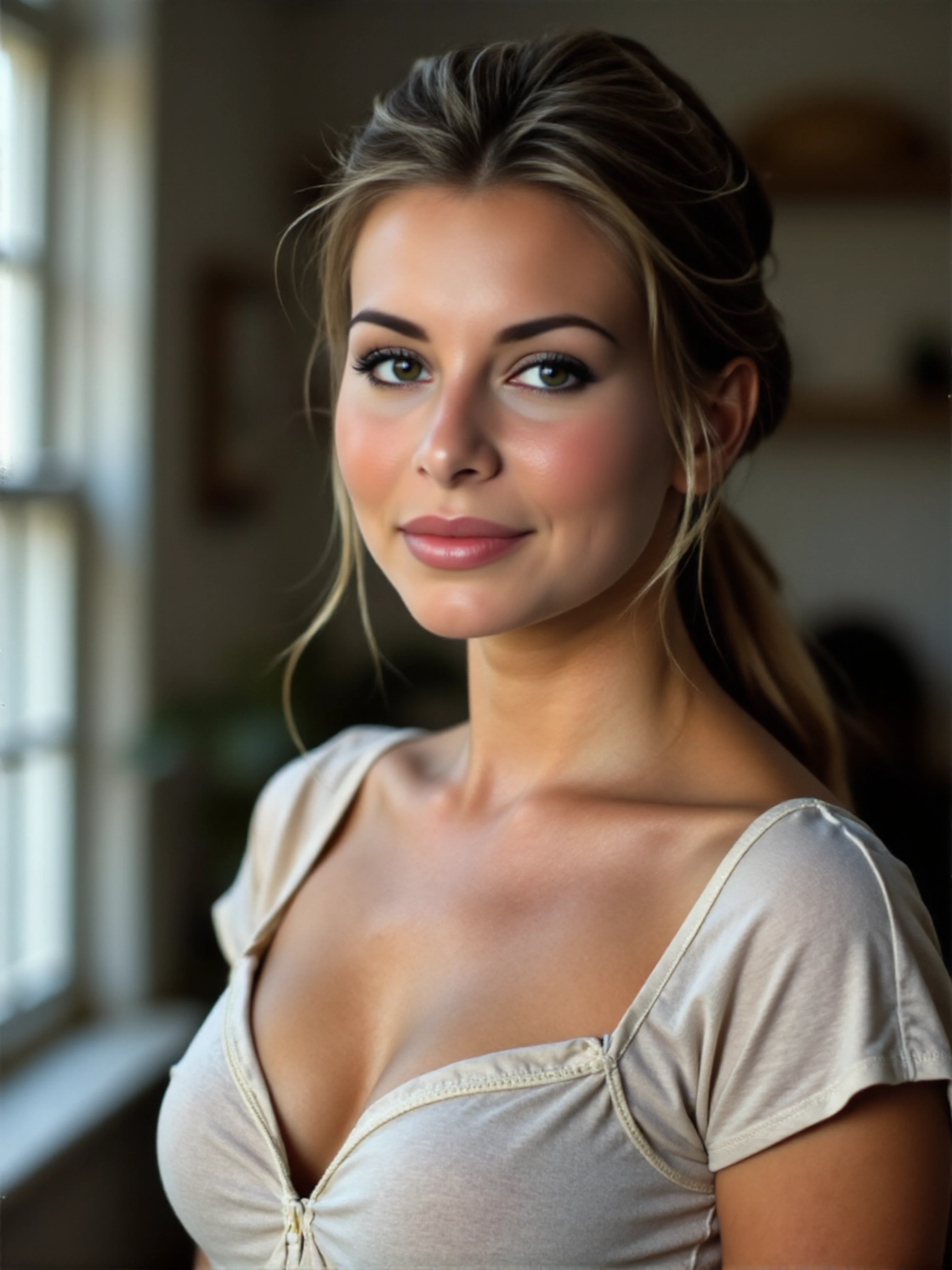 woman, headshot, looking directly at viewer, face centered, close-up, upper body.