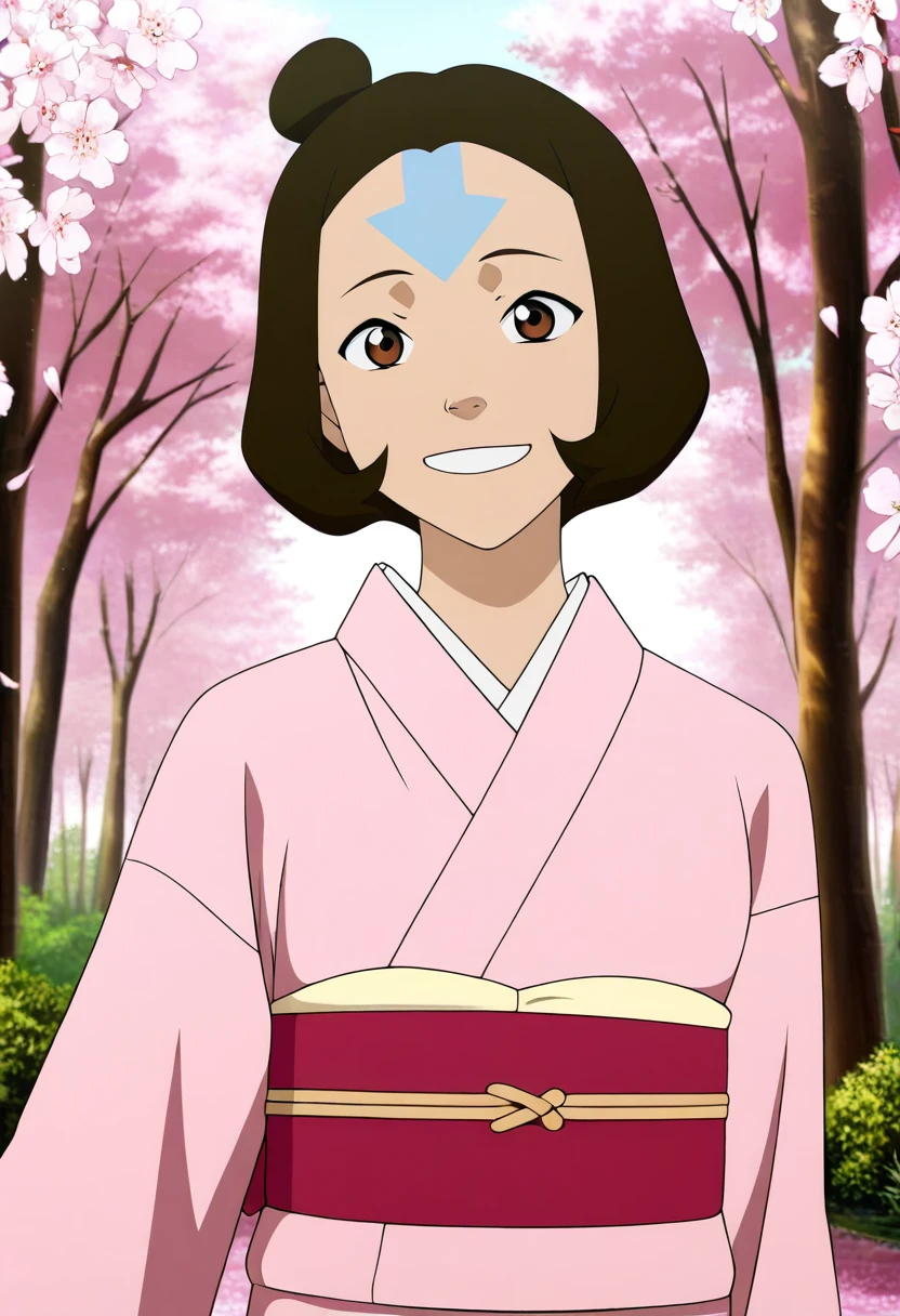 anime screencap,8k, absurd res, jinora, 1girl, solo, looking at viewer, short hair, brown hair,brown eyes,facial tattoo, outdoors, wearing a kimono,detailed background, forest, upper body,cherry ,blossom,smile <lora:jinora:1>