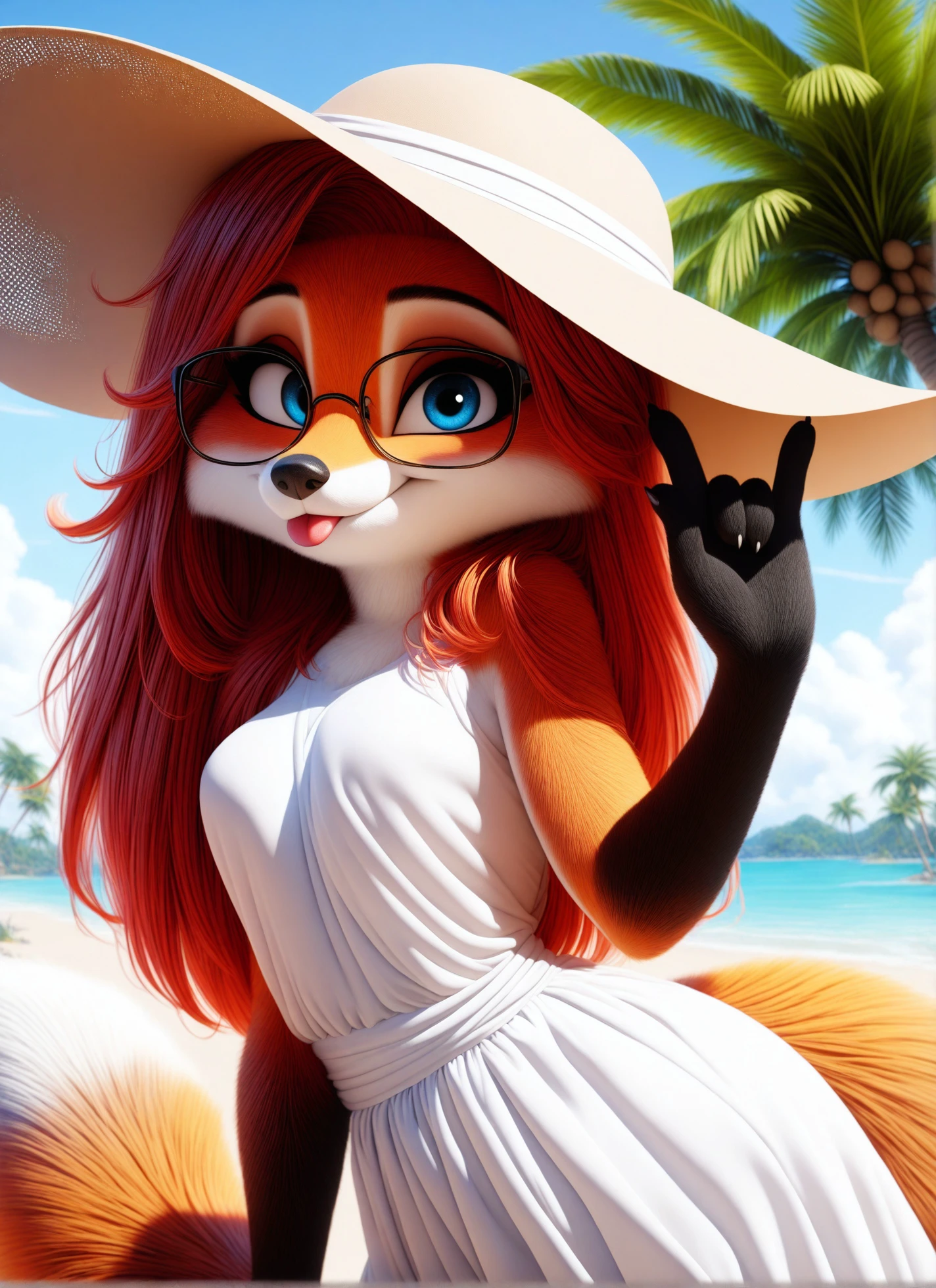 <lora:b3d-noob-vpred05:1.25>3d, best quality, high quality, detailed fur, anthro, female, red fox, red hair, long hair, tongue, blep, sunhat, solo, smile, white dress, beach, palm trees, blue eyes, glasses