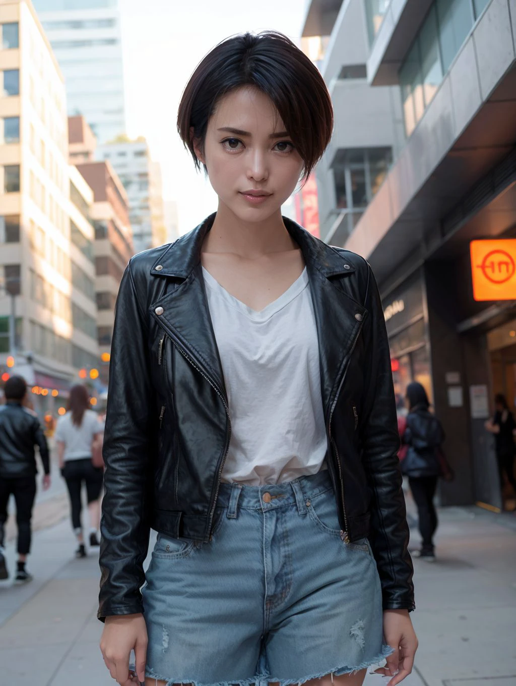 Short hair to the neck,k hd,Thin willow leaf eyebrows,Bright eyes,Wear a bandeau and a small black vest,There is a pair of greenish jeans underneath,Feminine and beautiful,Enchanting figure,Tall and beautiful,Gentle as water