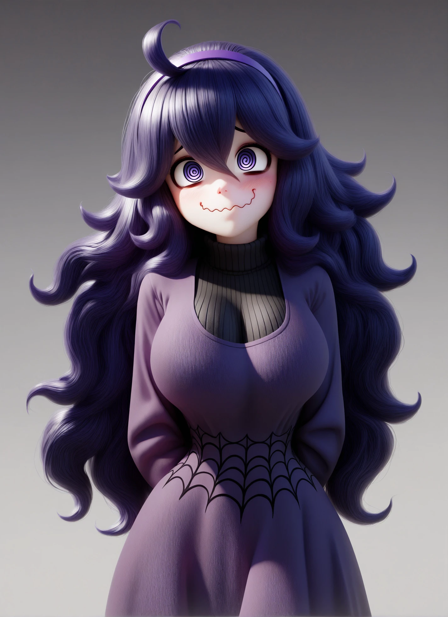 <lora:b3d-noob-vpred05:1.25>high quality, best quality, 3d \(artwork\), 1girl, hex maniac, detailed hair, long hair, purple dress, looking at viewered, wavy mouth, gradient background