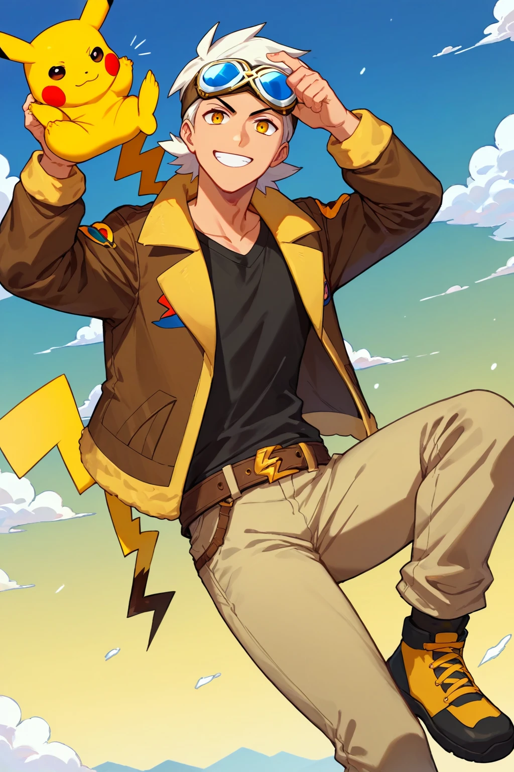 (score_9, score_8_up:1.1), score_7_up, high res image,masterpiece, professorfriede, 1boy, solo, white hair, goggles, yellow eyes, brown jacket, short jacket, yellow accents, black shirt, belt, beige pants, smile, pikachu, cloud, sky, in the air