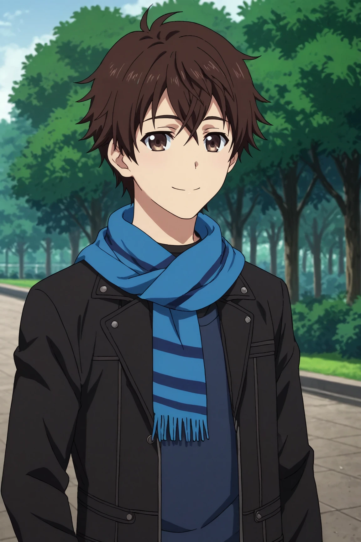 score_9, score_8_up, score_7_up,score_6_up,score_5_up,score_4_up,source_anime,BREAK, rating_safe, intricate details, , anime screencap, anime coloring, official style, depth of field,1boy, solo, male focus,<lora:Atsuhiro_Maeda:0.94>,atsuhiro maeda,brown hair,brown eyes,hair between eyes,short hair,bangs,smile, shirt, jacket, upper body, outdoors, open clothes, scarf, open jacket, black jacket, black pants,blue shirt,blue scarf, striped scarf , , , <lora:sdxl_lightning_8step_lora_315544:1>