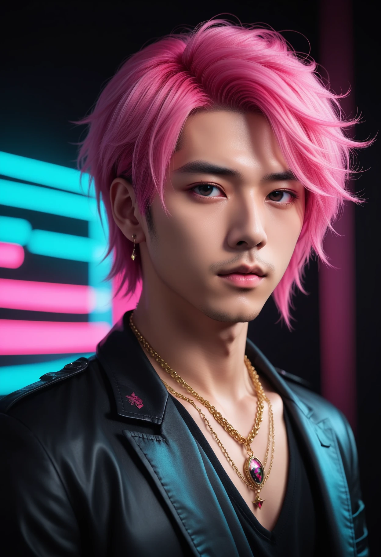 1boy, solo, solo focus, pink hair, necklace, jewelry, makeup, visual kei, asian  4kPhoto_PDXL CMYKDSK_VAPOLIGHT_