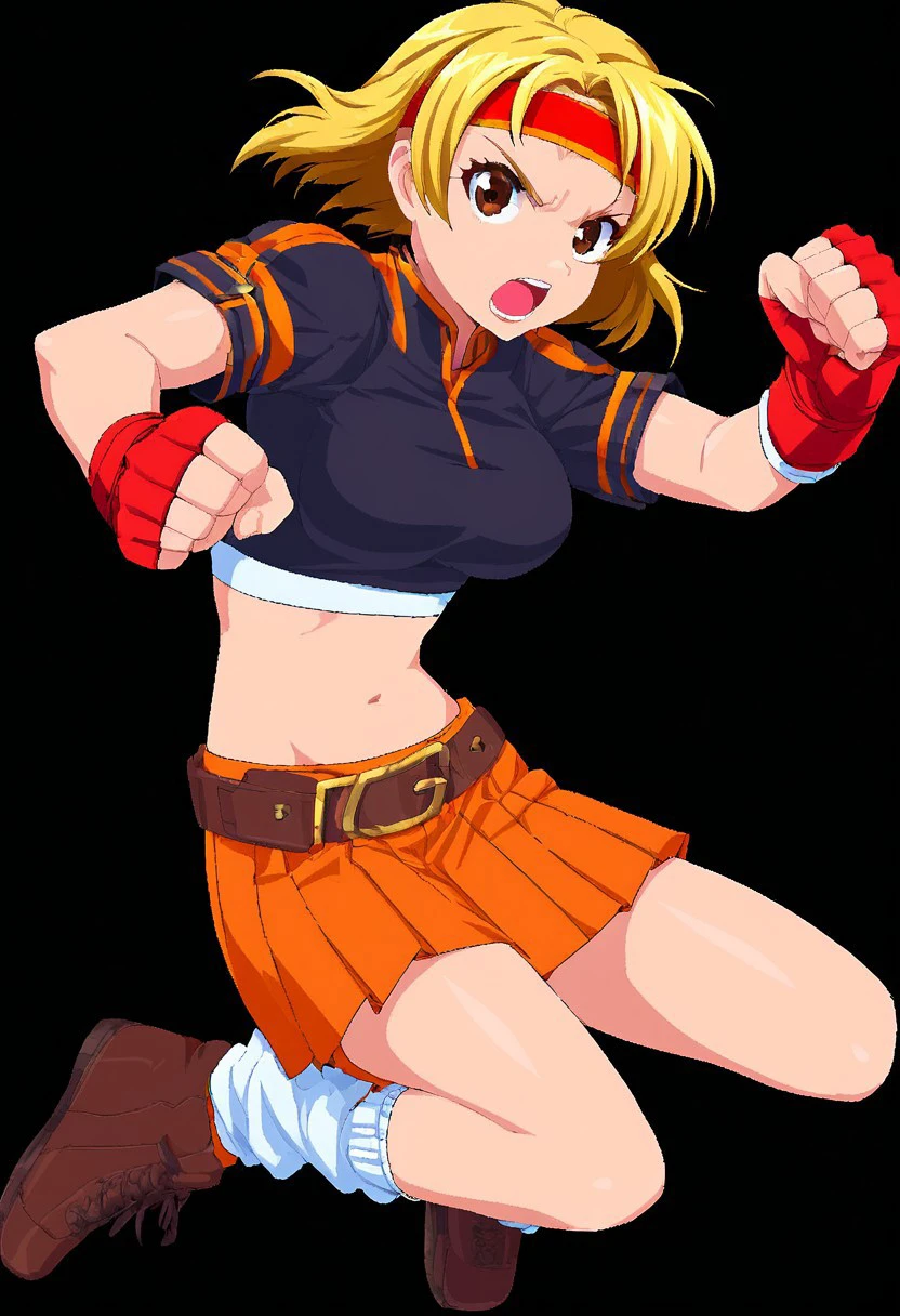 characterpic, 1girl, solo, looking at viewer, short hair, open mouth, skirt, blonde hair, simple background, gloves, navel, brown eyes, medium breasts, jacket, full body, short sleeves, pleated skirt, shoes, socks, midriff, belt, miniskirt, fingerless gloves, crop top, headband, brown footwear, black background, red gloves, clenched hands, sports bra, fighting stance, orange skirt, loose socks