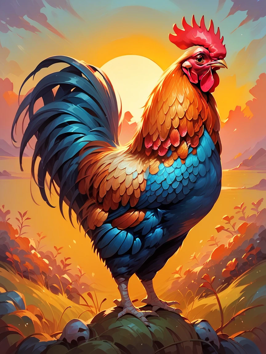 score_9, score_8_up, score_7_up, score_6_up, score_5_up,  <lora:roosterXLP:1> bird, chicken, rooster, no humans, animal focus, solo, full body, sunset,