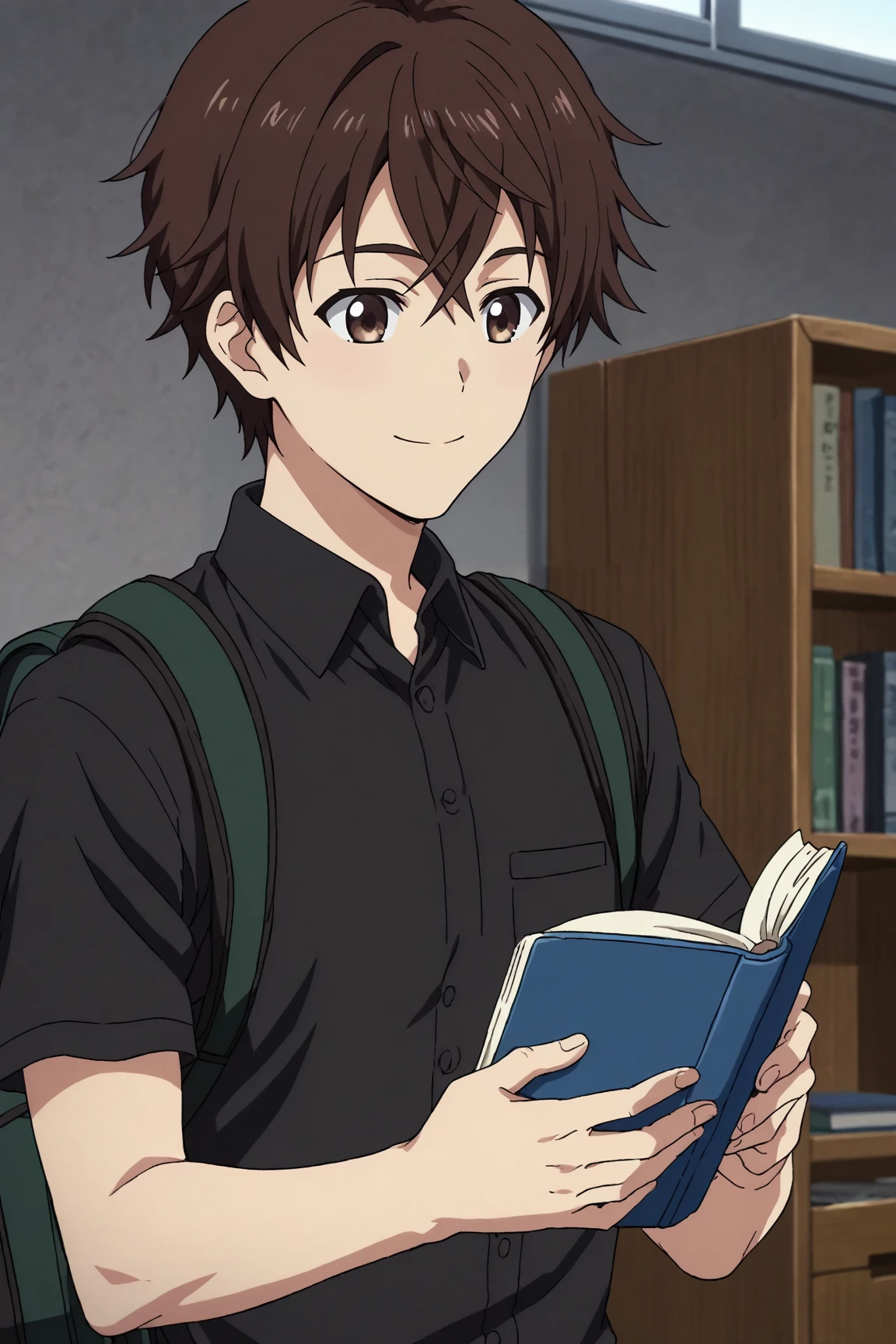 score_9, score_8_up, score_7_up,score_6_up,score_5_up,score_4_up,source_anime,BREAK, rating_safe, intricate details, , anime screencap, anime coloring, official style, depth of field,1boy, solo, male focus,<lora:Atsuhiro_Maeda:0.87>,atsuhiro maeda,brown hair,brown eyes,hair between eyes,short hair,bangs,smile, shirt, holding, closed mouth, upper body, short sleeves, collared shirt, indoors, bag, black shirt, book, backpack, holding book, reading,look at the book,hall,school hall , , , <lora:sdxl_lightning_8step_lora_315544:1>