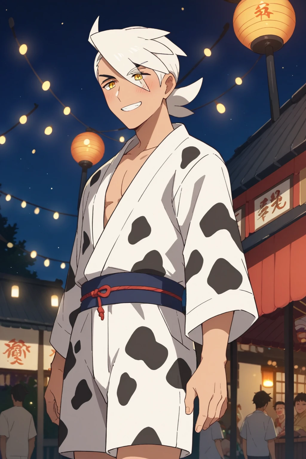 (score_9, score_8_up:1.1), score_7_up, high res image,masterpiece, festivalfriede, 1boy, solo, white hair, yellow eyes, hair over one eye, japanese clothes, white yukata, matching shorts, (cow print:1.1), smile, blush, festival, night, floating lights, cowboy shot