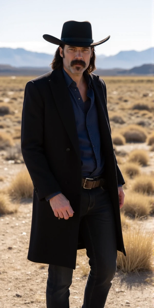 <lora:Doc_Holliday:0.9> doc holliday, facial hair, long hair, hat. He is standing in a desert