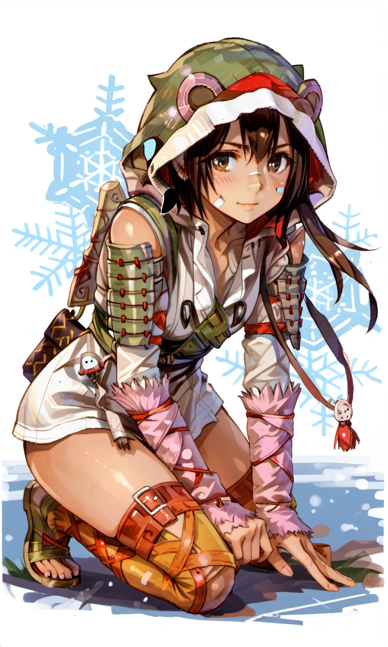 all fours, aeterna, 1girl, brown eyes, brown hair, short hair, face plaster, animal hood, hooded jacket, detached sleeves, shoulder armor, keychain, thighhighs, thigh belts, shoes, shoulder bag, dagger, 