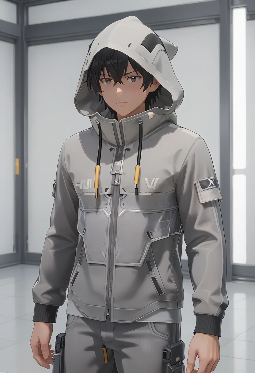 bunsekiin,black hair,grey pants,grey jacket,hood up, <lora:Bunsekiin:0.7>