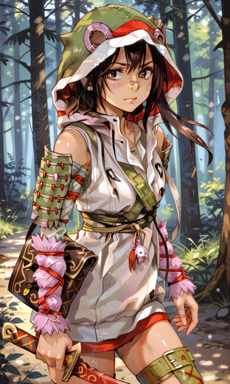 forest, battle_standing, aeterna, 1girl, brown eyes, brown hair, short hair, face plaster, animal hood, hooded jacket, detached sleeves, shoulder armor, keychain, thighhighs, thigh belts, shoes, shoulder bag, dagger, 