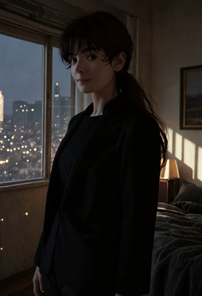 score_9_up, score_8_up, score_7_up, score_6_up, BREAK Fuj1noLB, 1girl, black hair, long hair, black eyes, ponytail, bangs, formal, suit, black jacket, black shirt, black pants, looking at viewer, smile, mouth closed, bedroom, ambient lighting, window, daytime, standing, facing viewer, beautiful background, beautiful art, detailed background