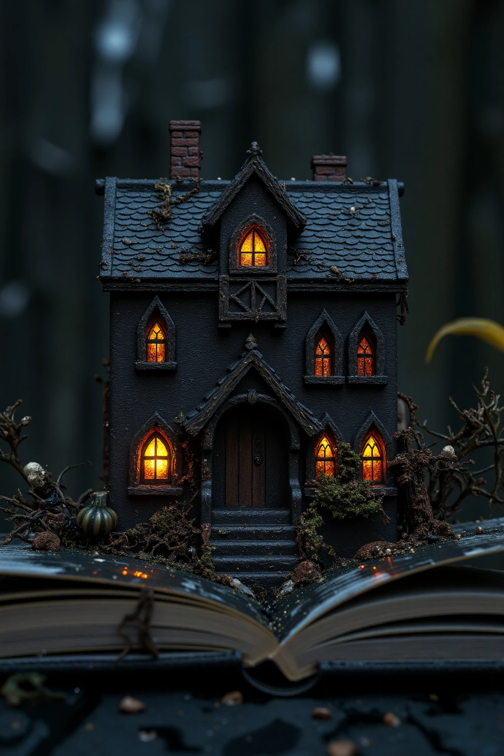 (masterpiece, best quality), top quality, 8k resolution, hyperdetailed, madgod, stop motion, horror, MAGICAL cute STORYBOOK haunted house, spooky house on black water ON THE book PAGE, nightmare, dark, atmospheric, Modifiers: highly detailed dof trending on cgsociety fantastic view ultra detailed 4K 3D whimsical Storybook beautifully lit etheral highly intricate stunning color depth disorderly outstanding eerie illustration, The mood is Mysterious and Spellbinding, with a sense of otherworldliness otherwordliness macro photography style, glowing, bloom, shiny, foreboding