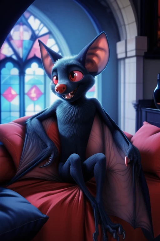 male, solo, solo male, batdrac, vampire bat, anthro bat, black fur, (winged arms, patagium, membrane \(anatomy\):1.2), colored sclera, pink sclera, red nose, red eyes, chest tuft, body fur, (skinny, petite, tiny waist:1.2), half-closed eyes, blush, open mouth, fangs, leaning on elbow, short tail, furry male, tiny, chibi, velvet, bed, sitting, leaning, on side, lounge chair, reclining, bent arm, castle interior, rose window, stained glass, bedroom, pillow, ornate, night, masterpiece, extreme detail, wineglass, bottle, flirty, open smile, colorful, featureless crotch, crotch tuft, crossed legs