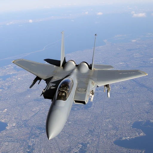 F15Eag13. This is a high-resolution photograph of a United States Air Force F-15 Eagle jet flying over a vast urban area, slender body., modern fighter jet, flying at a steep angle, showing the pilot's seat and control panel inside., emphasizing its sleek, with the main landing gear directly in the middle of the frame.