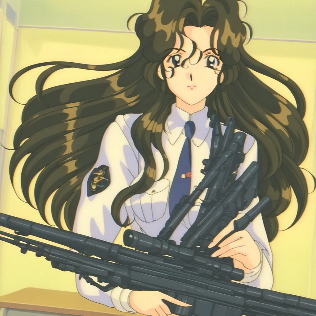 looking at viewer, closed mouth, long hair, gun, rifle, pocket, retro artstyle, school uniform, mask, cuffs, breasts, necktie, desk, indoors