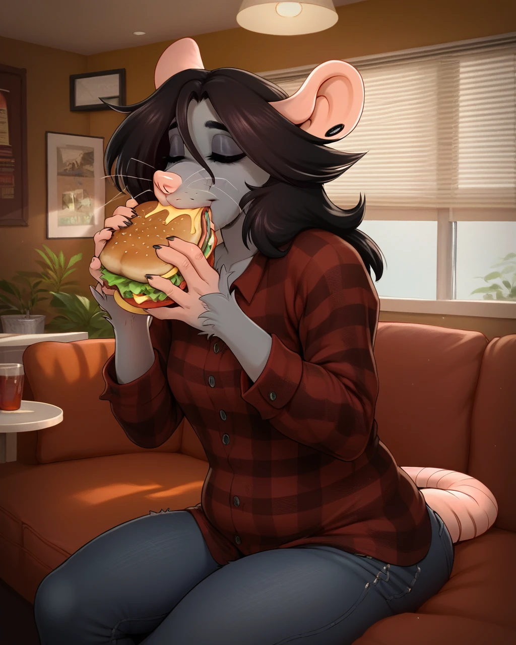 score_9, score_8_up, score_7_up, score_6_up, source_furry, rating_explicit, r4tf00d, female, solo, (anthro, rat), Morgan, big pupils, sexy body, (detailed fur, grey fur), chubby, flannel shirt, jeans, long beautiful hair, hairy, BREAK, happy, eyes closed, open mouth, eating a sandwich, sitting at a restaurant table, indoors, diner <lora:RattfoodDozybunn_Style__Morgan_Character_r2:1> <lora:Realistic000003_1_2.5DAnime_0.05_Merge1:0.4>