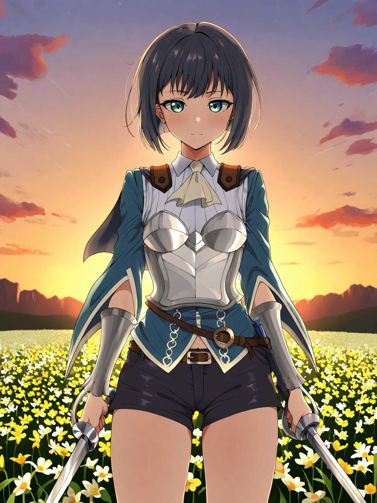 masterpiece, best quality, (coro fae, anime coloring:1.1)
BREAK
alexa \(epic seven\), black hair, short hair, green eyes, armor, breastplate, short shorts, vambraces, ascot, capelet, belt
BREAK
1girl, solo, standing, holding sword, sword, dual wielding, flower field, dawn, cloud, cowboy shot
<lora:alexa_nai-eps-sv_fro-0.98-16-16:1>