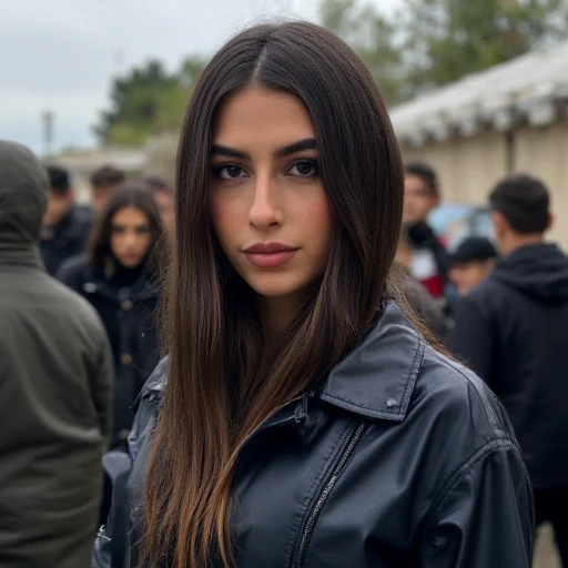 eva savagiou, greek, internet personality, realistic, real person, lips, closed rain coat, crowded background, raining, black hair, outdoors, Neutral expression,