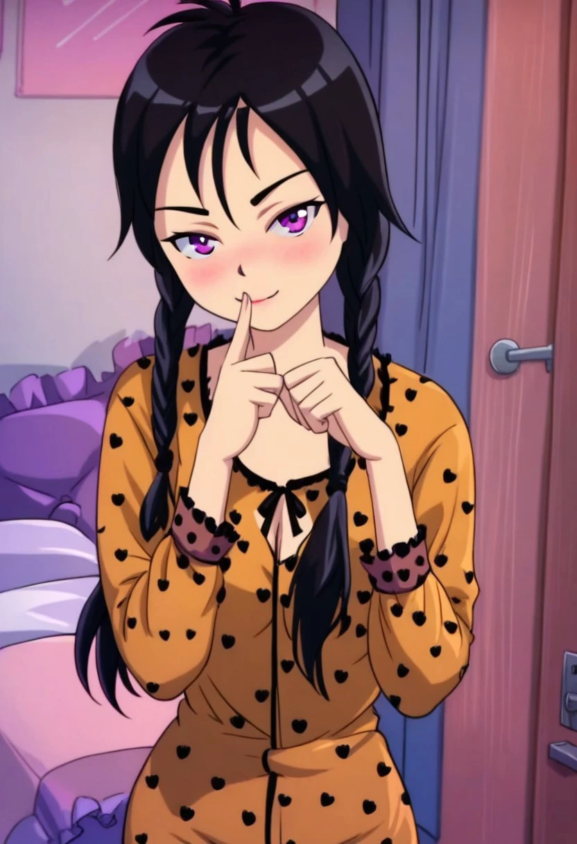 score_9, score_8_up, score_7_up, perfect face, dynamic pose,1girl,solo,twin braids,long hair,black hair,purple eyes,hair down, long hair, pajamas, looking at viewer, blush, light-smile, finger to mouth,
indoors, 
Perfect eyes, absurdres, zPDXL2, anime screencap,