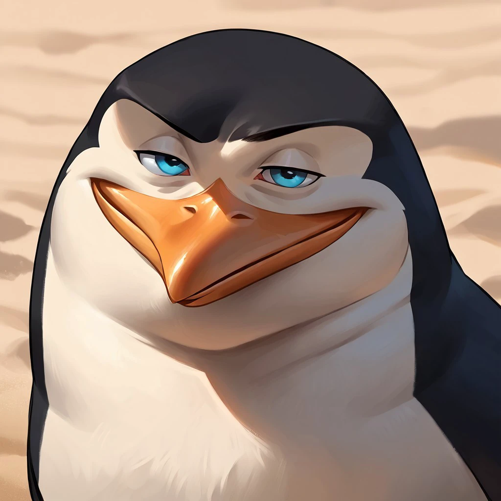 score_9, score_8_up, score_7_up, score_6_up, score_5_up, score_4_up, source_furry, hi res, smilling, portrait, Skipper, penguin, looking at the viewer, 2D, drawing, perfect eyes, feral, head shot, perfect beak, on a beach, smiling, threatening look, confident look, furrowed eyebrows, defiant gaze, narrowed eyes, furrowed brows, Expressiveh, perfect eyes,