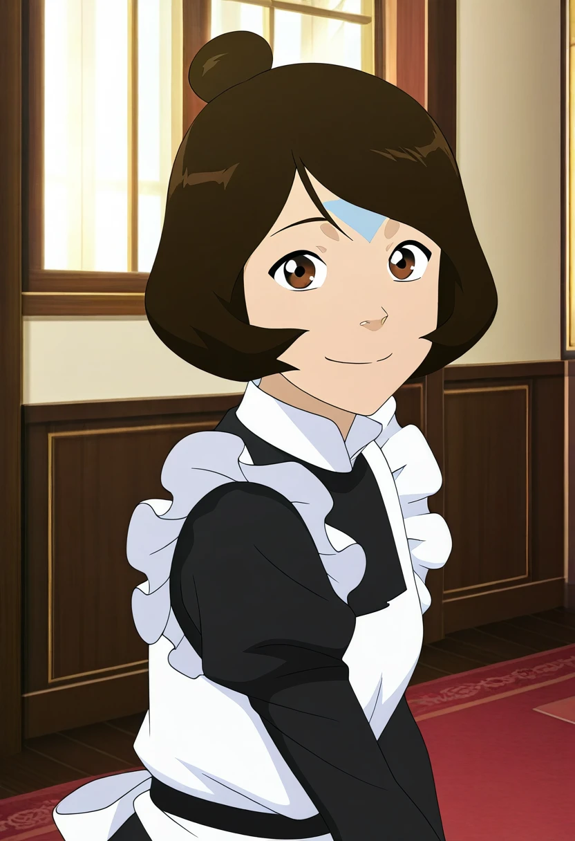 anime screencap,8k, absurd res, jinora, 1girl, solo, looking at viewer, short hair, brown hair,brown eyes,facial tattoo, indoors, wearing a maid outfit,detailed background, mansion, upper body,smile <lora:jinora:1>