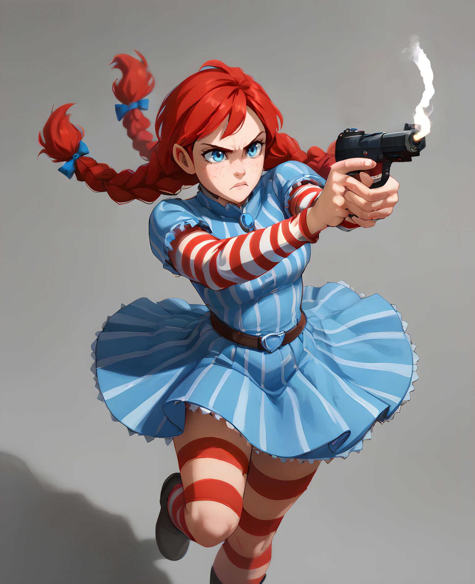 smoke, fn five-seven, five-seven, gun, pistol, firing, <lora:FN Five-seveN:1>  1girl, wendyssdxl, red hair, striped, freckles, blue eyes, long hair, striped sleeves, dress, twin braids, <lora:wendys:1>, score_9, score_8_up, score_7_up, score_6_up, score_5_up, score_4_up,