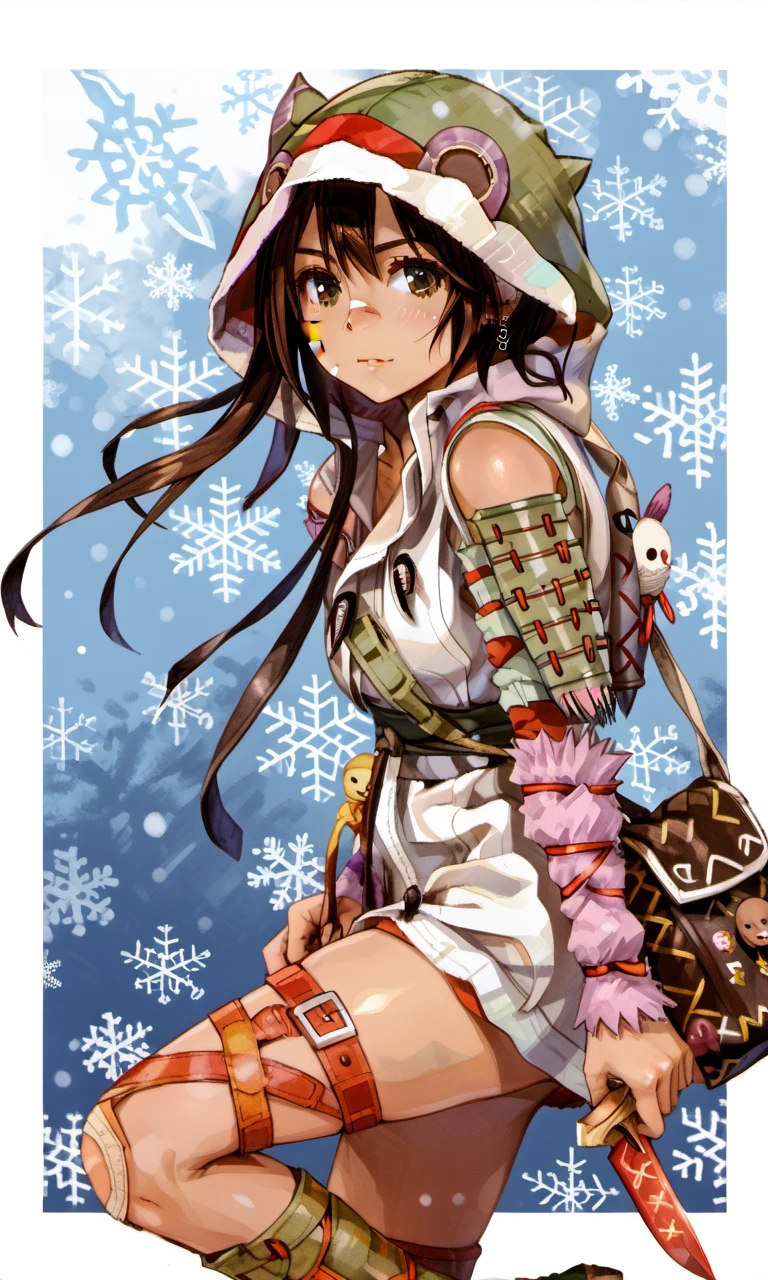 on side, aeterna, 1girl, brown eyes, brown hair, short hair, face plaster, animal hood, hooded jacket, detached sleeves, shoulder armor, keychain, thighhighs, thigh belts, shoes, shoulder bag, dagger, 