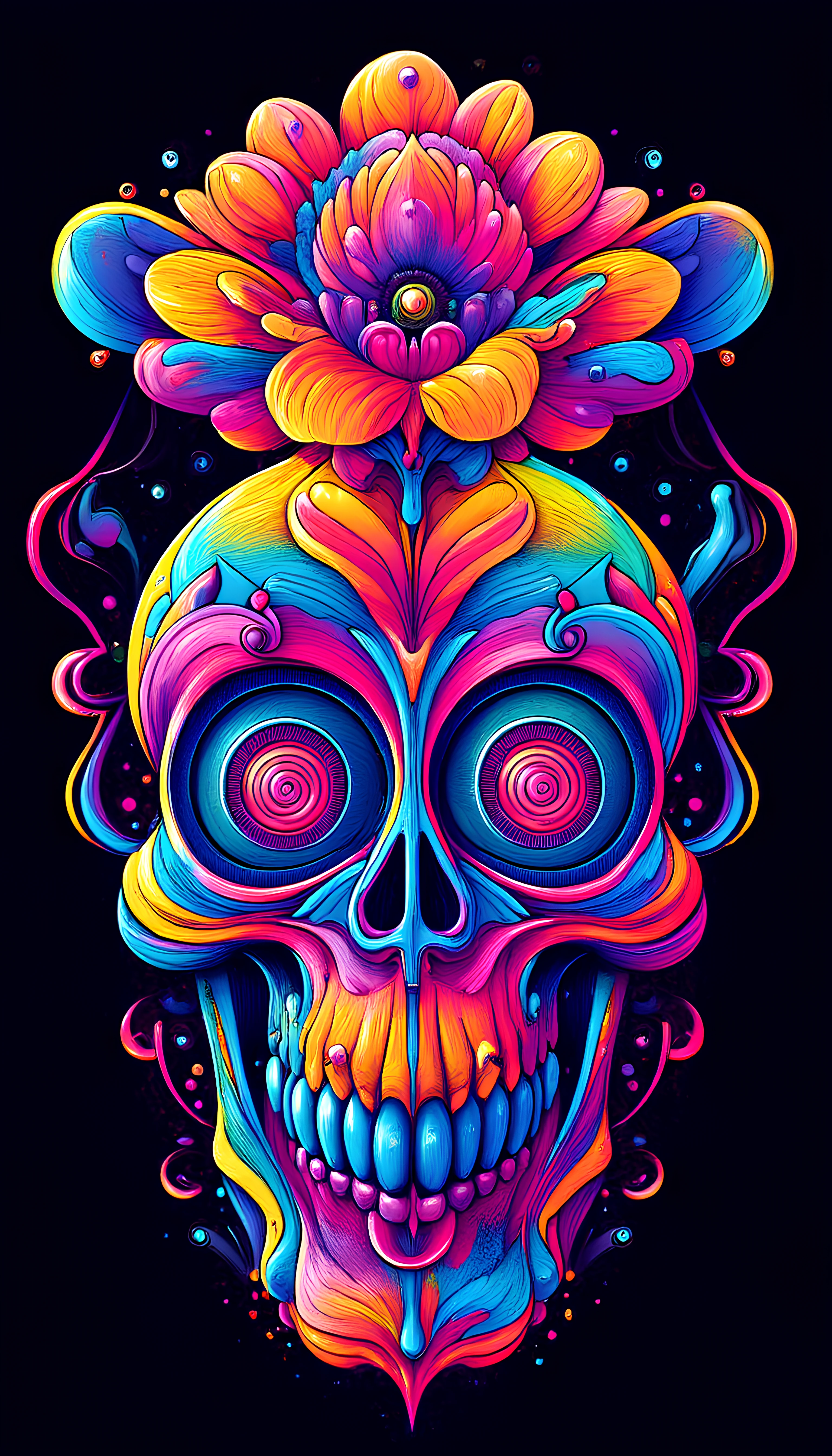 A vA trippy skull with hypnotic eyes and a slight, mischievous smile, in vibrant, swirling colors. From the top of the skull, a surreal, blooming flower emerges, its petals blending into a psychedelic pattern that flows outward. The skull has intricate, twisting patterns on its surface, and the hypnotic eyes draw the viewer in with spiral designs, giving a sense of depth and movement. The overall style is colorful, fluid, and surreal, perfect for a captivating T-shirt design that embodies the PsyDreamer aesthetic. psydreamer