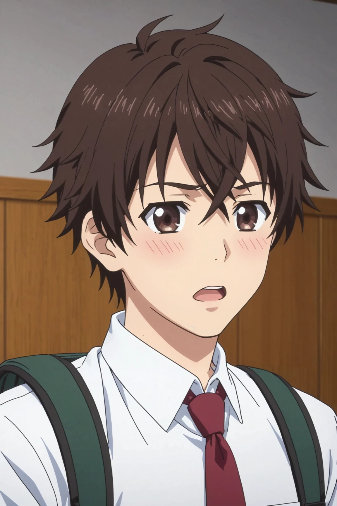 score_9, score_8_up, score_7_up,score_6_up,score_5_up,score_4_up,source_anime,BREAK, rating_safe, intricate details, , anime screencap, anime coloring, official style, depth of field,1boy, solo, male focus,<lora:Atsuhiro_Maeda:0.80>,atsuhiro maeda,brown hair,brown eyes,hair between eyes,short hair,bangs,blush, open mouth, shirt, school uniform, white shirt, upper body, necktie, collared shirt, bag, backpack, red necktie,indoors, , , , <lora:sdxl_lightning_8step_lora_315544:1>
