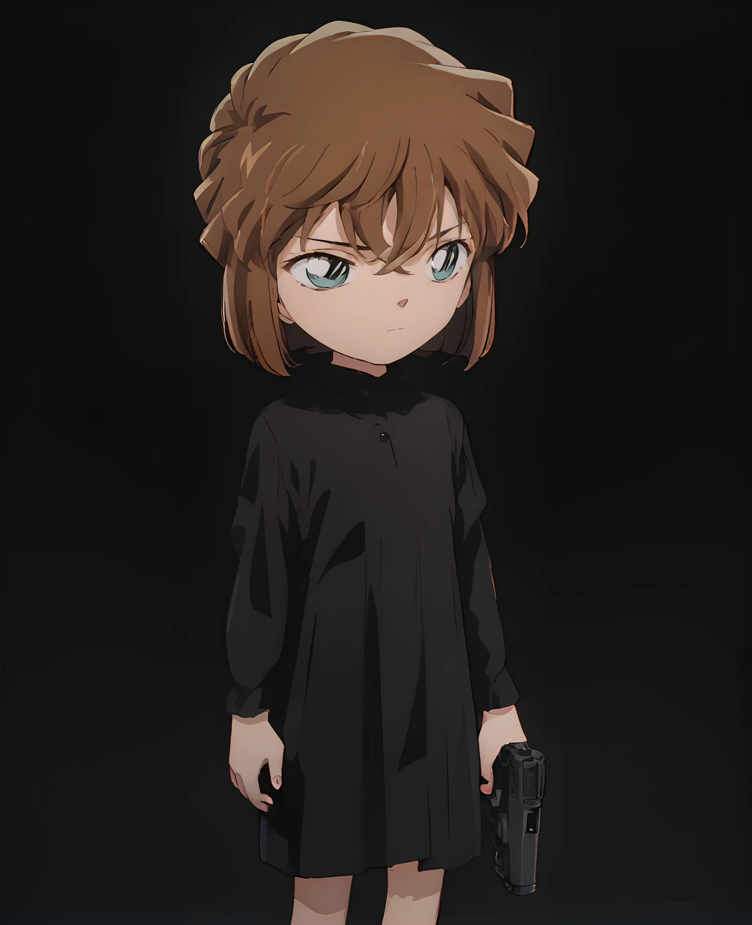 fn five-seven, five-seven, gun, pistol, <lora:FN Five-seveN:1>  1girl, dark background, brown hair, bangs,  black dress, <lora:AiHaibaraDCXL:1>, score_9, score_8_up, score_7_up, score_6_up, score_5_up, score_4_up,