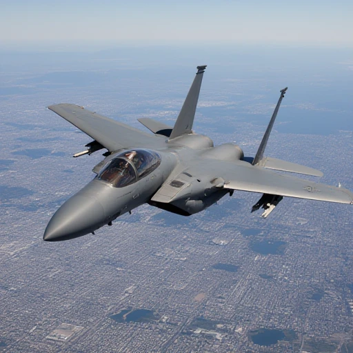 <lora:F15Eagle_epoch_5:0.9> F15Eag13. This is a high-resolution photograph of a United States Air Force F-15 Eagle jet flying over a vast urban area, slender body., modern fighter jet, flying at a steep angle, showing the pilot's seat and control panel inside., emphasizing its sleek