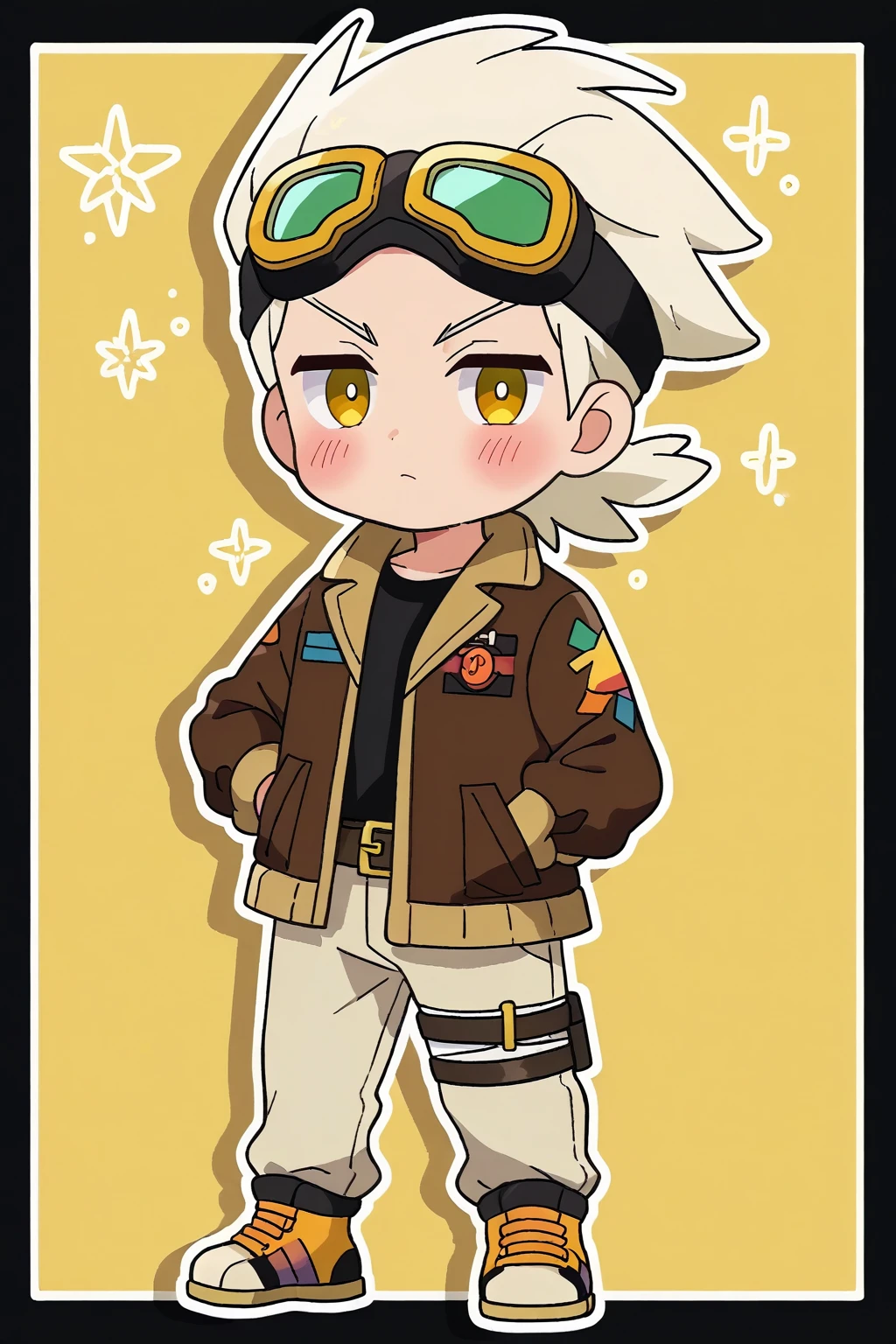 (score_9, score_8_up:1.1), score_7_up, high res image,masterpiece, chibi, chibi_style, professorfriede, 1boy, solo, white hair, goggles, yellow eyes, brown jacket, black shirt, belt, beige pants, blush, looking at viewer, thick outlines, (outline:1.1), full body, pastel background