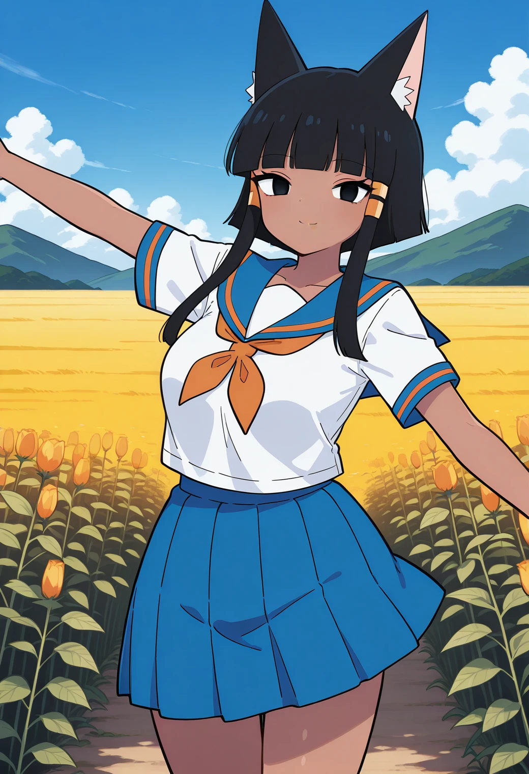 furukawa_tetoko, dark-skinned female, dark skin, cat ears, empty eyes, black eyes, black hair, blunt bangs, sidelocks, hair tubes, school uniform, serafuku, orange neckerchief, white shirt, blue sailor collar, short sleeves, blue skirt, <lora:furukawa_tetoko_illustrious_ver1:0.8>
1girl, solo, (field:1.2), (blue sky:1.2), looking at viewer, smile,, masterpiece, best quality, general,, (cowboy shot, dynamic pose:1.4),